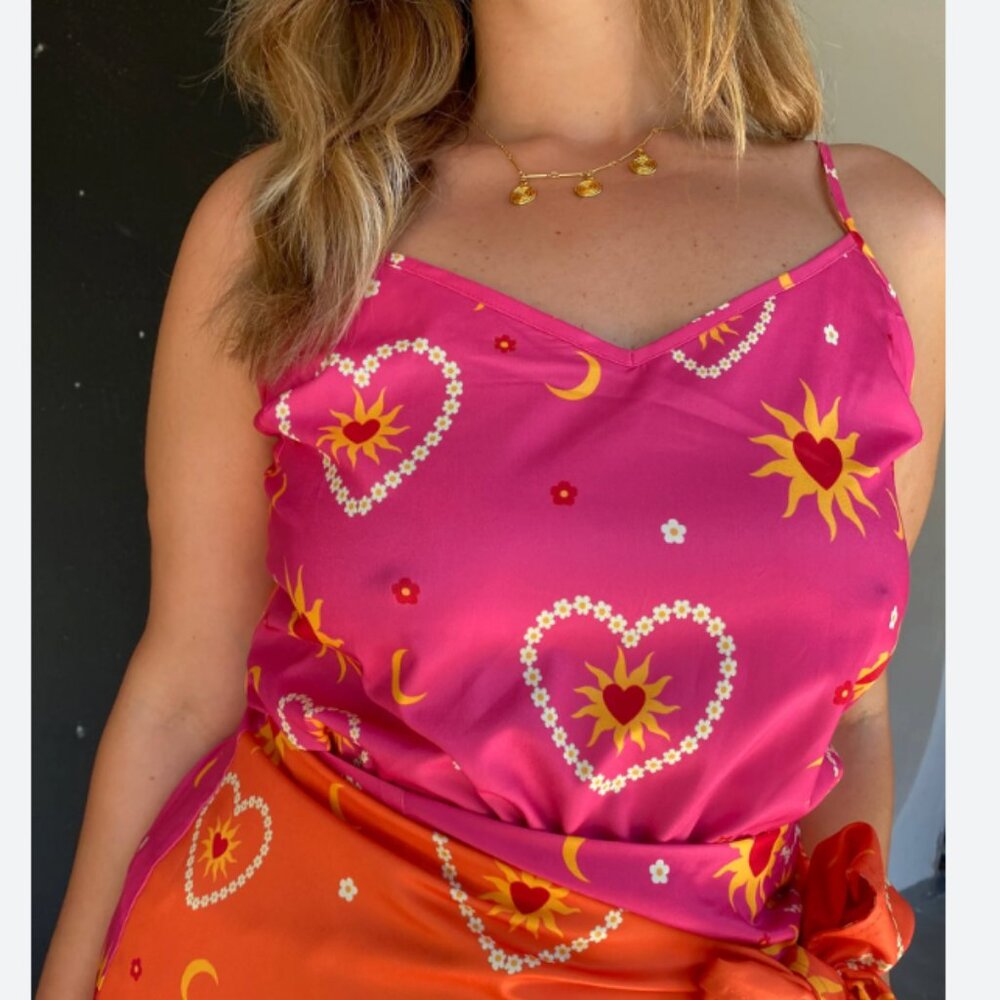 Never Fully Dressed Satin Cami Top- Sun & Heart Print